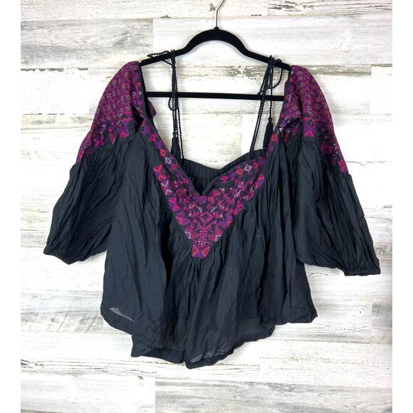 Free People Women’s Medium Black Purple Vacay Vibin’ Embroidered Shoulder Top - Picture 3 of 9